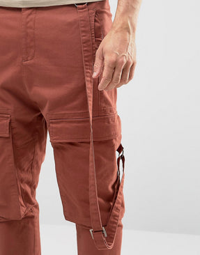 Drop Crotch Cropped Trousers With Cargo Pockets In Rust